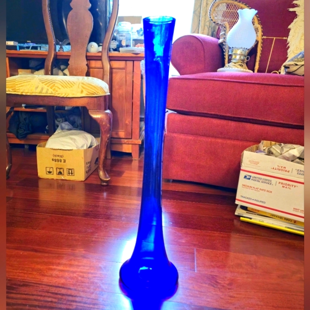 Blenko? 22" Tall Cobalt Blue Footed Long Cylinder Vase - 1960s?